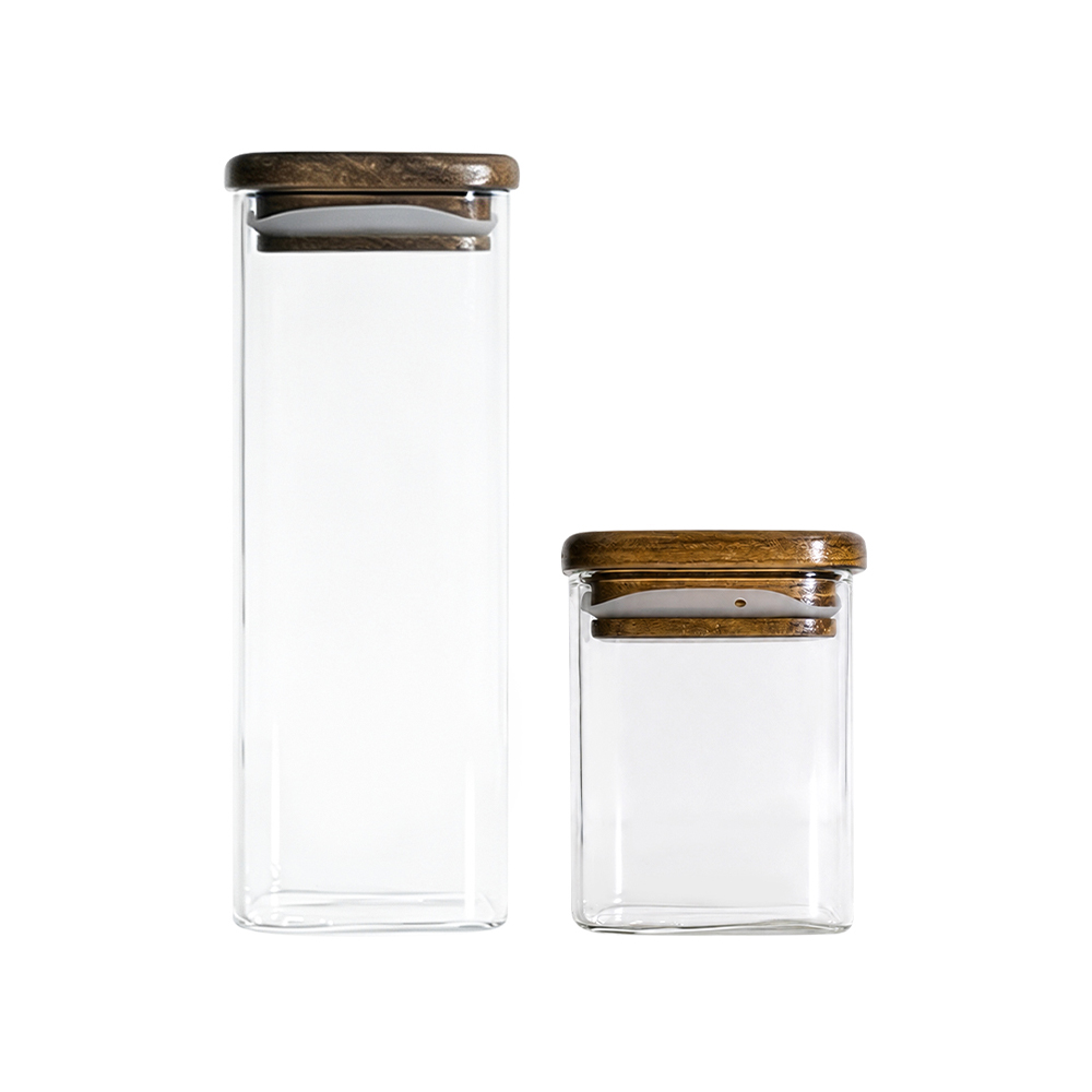 Tarro de almacenamiento de vidrio de borosilicato con tapa de madera de acacia