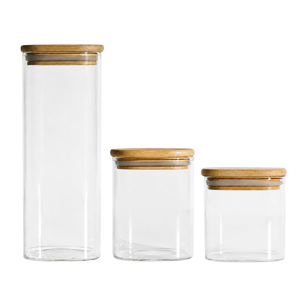 Tarro de almacenamiento de vidrio de borosilicato con tapa de bambú