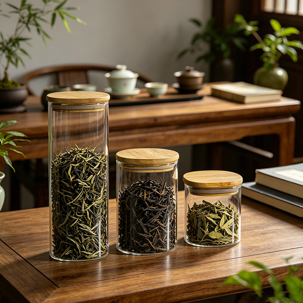 Tarro de almacenamiento de vidrio de borosilicato con tapa de bambú