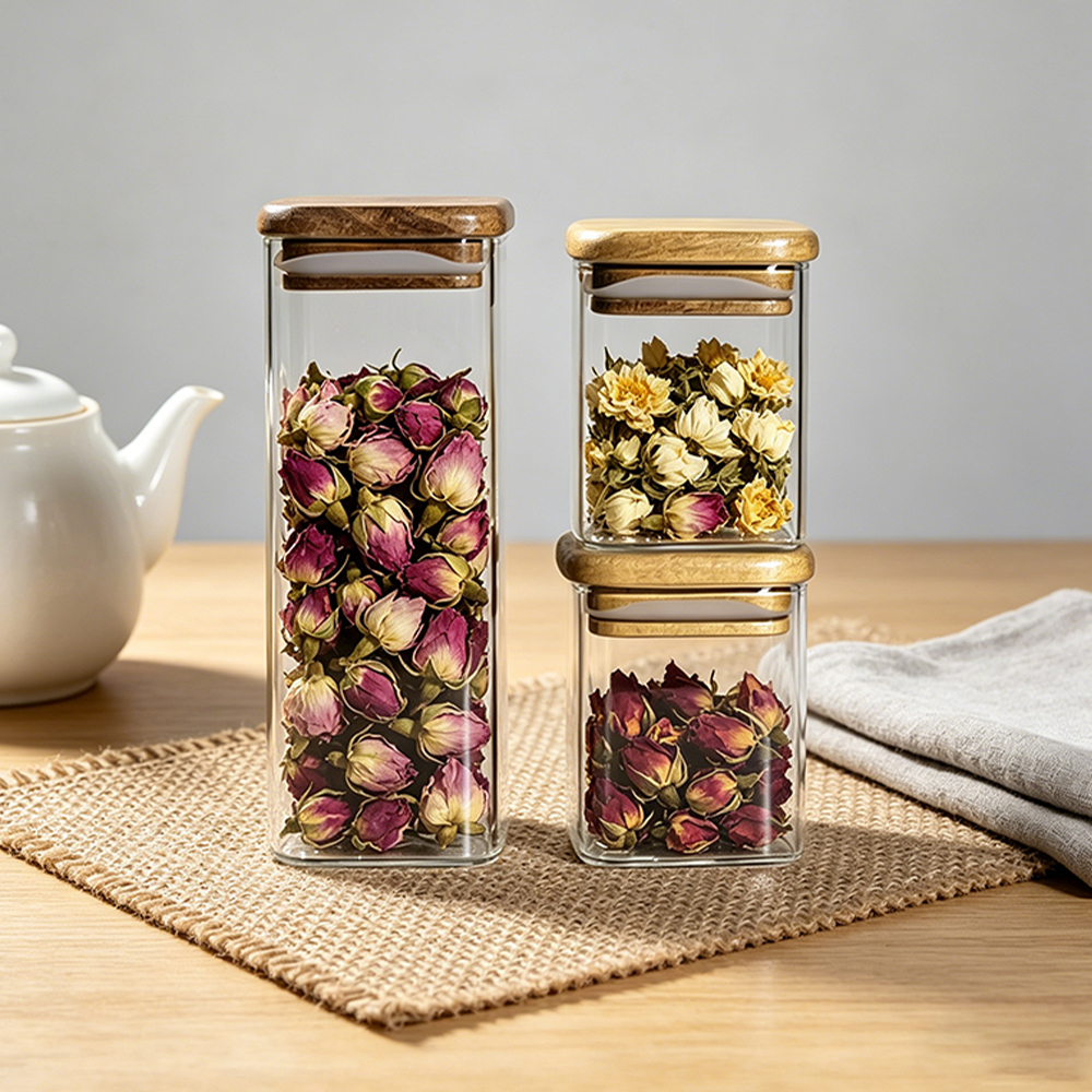 Tarro de almacenamiento de vidrio de borosilicato con tapa de madera de acacia