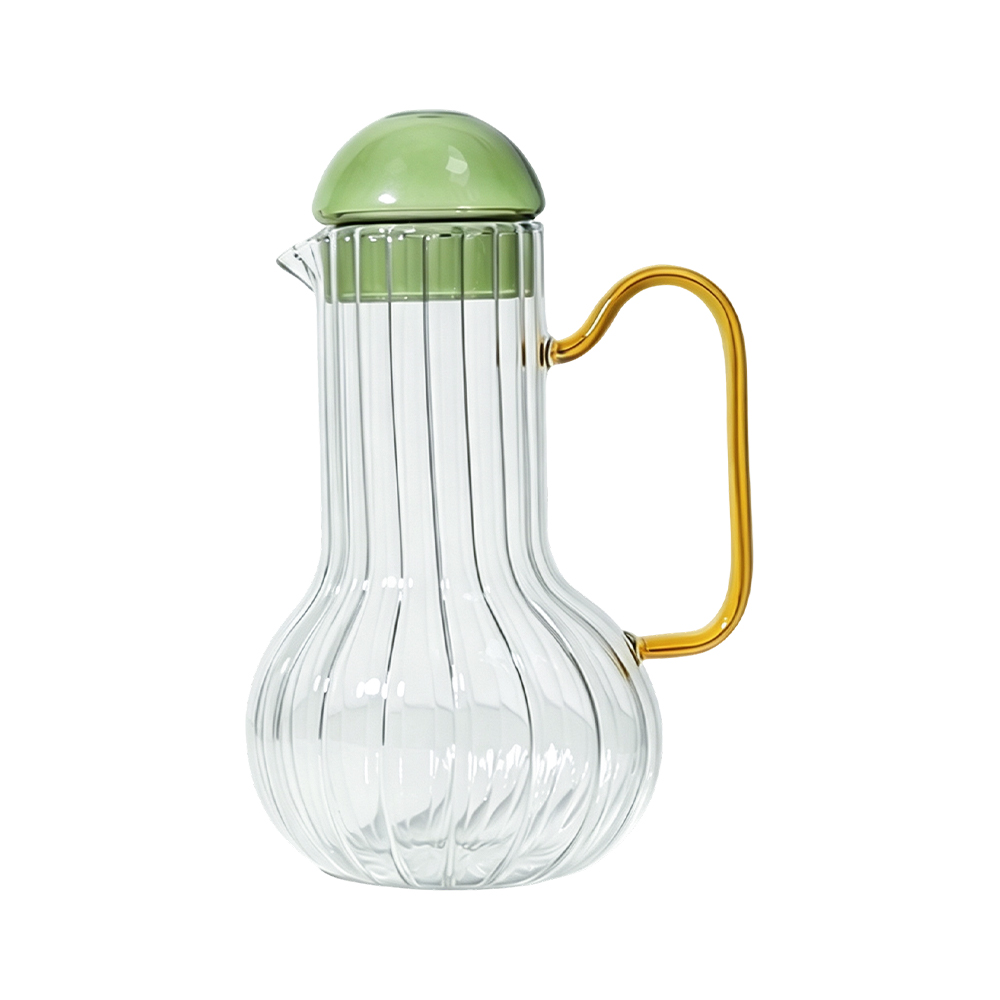 Jarra de vidrio de borosilicato acanalado con asa en contraste de color y tapa esférica