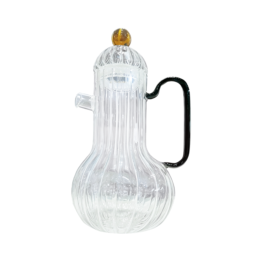 Jarra de vidrio de borosilicato acanalado con pico lateral y tapa con perilla de bola