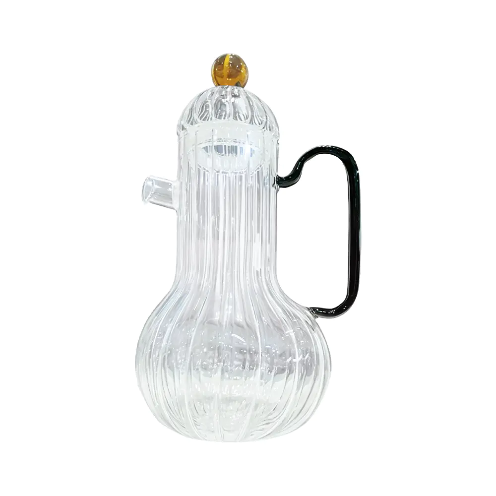Jarra de vidrio de borosilicato acanalado con pico lateral y tapa con perilla de bola