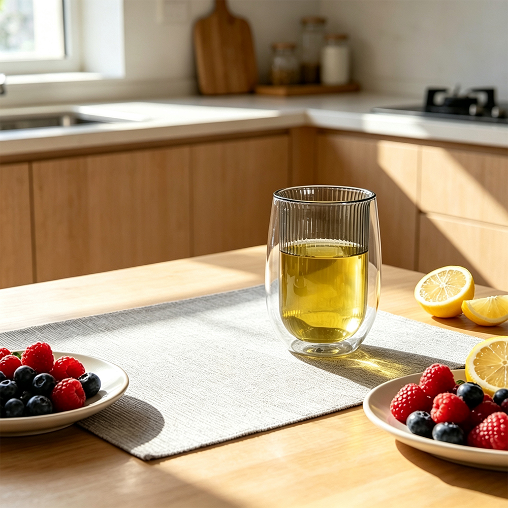 Vaso de vidrio de doble pared de borosilicato con rayas verticales