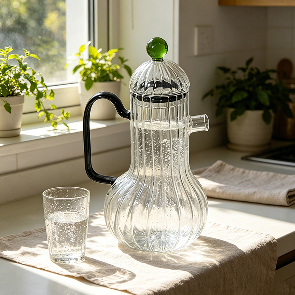 Jarra de vidrio de borosilicato acanalado con pico lateral y tapa con perilla de bola