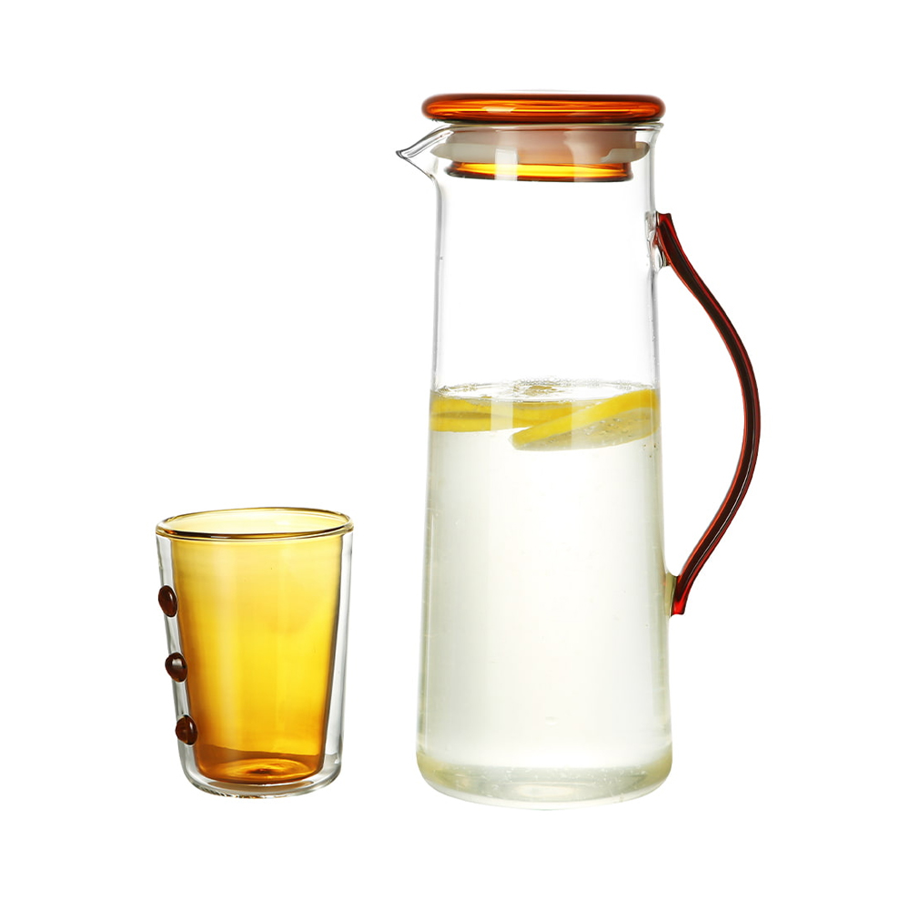 Juego de jarra de agua de vidrio de borosilicato con tapa y asa de color ámbar