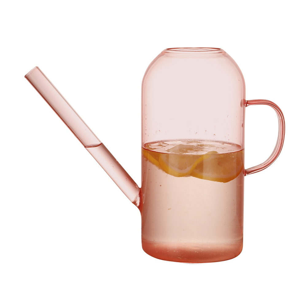 Jarra de agua de vidrio de borosilicato rosa con pico largo y asa