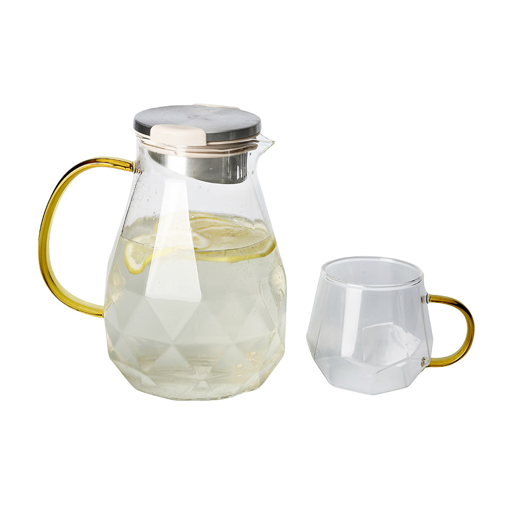 Juego de tetera de vidrio de borosilicato con mango y taza dorados