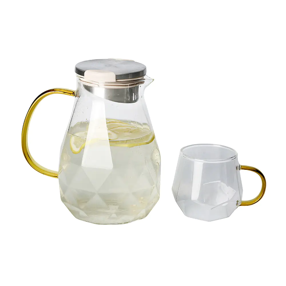 Juego de tetera de vidrio de borosilicato con mango y taza dorados