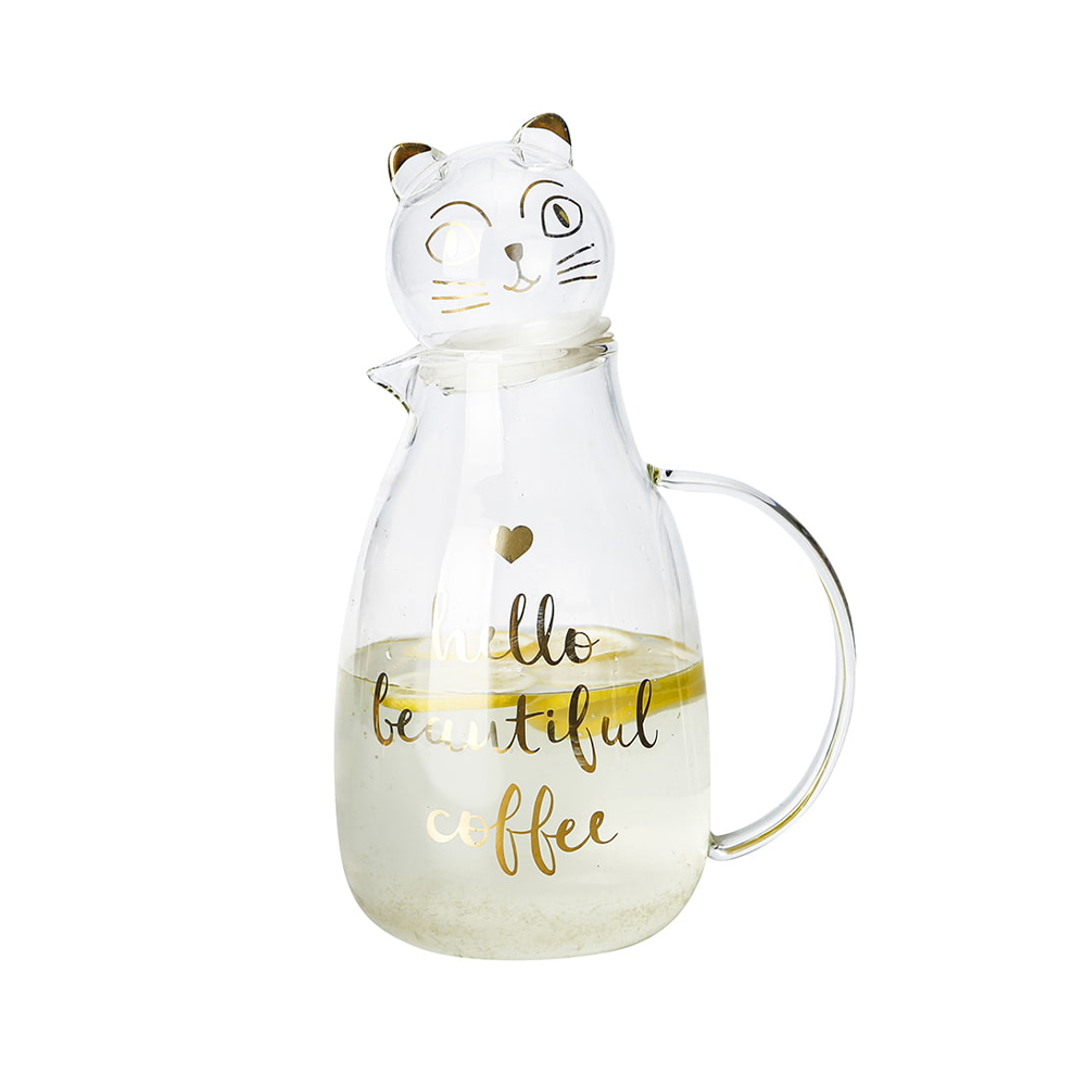 Linda jarra de agua de vidrio de borosilicato con tapa de gato con estampado de letras doradas