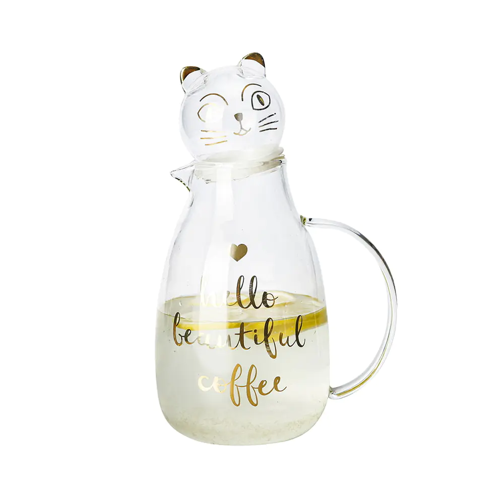 Linda jarra de agua de vidrio de borosilicato con tapa de gato con estampado de letras doradas