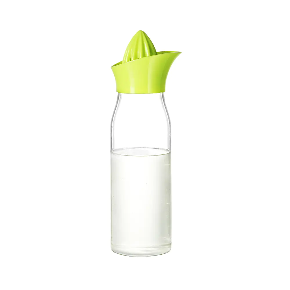 Botella de agua de vidrio de borosilicato con tapa verde exprimidor de cítricos