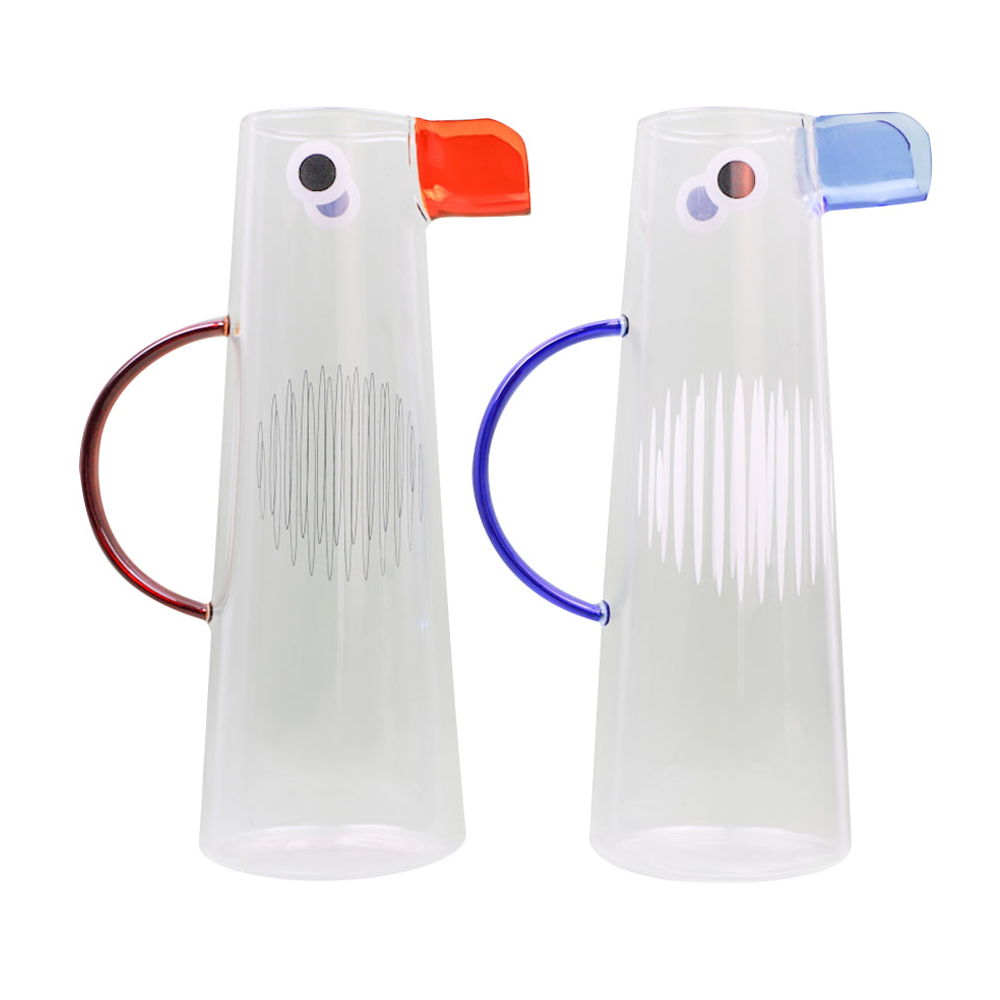 Jarra de agua de vidrio de borosilicato con forma de pájaro lindo con pico y mango de colores