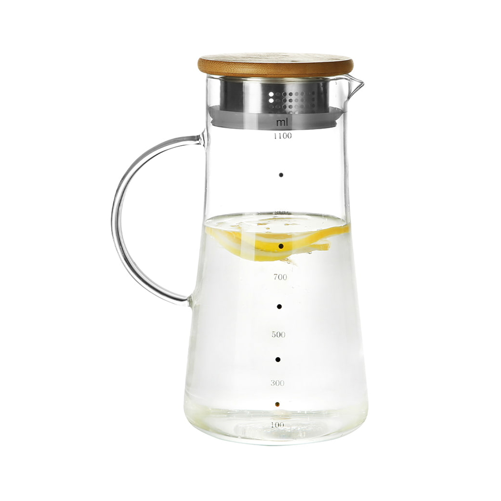 Jarra de agua de vidrio de borosilicato con tapa y asa de madera