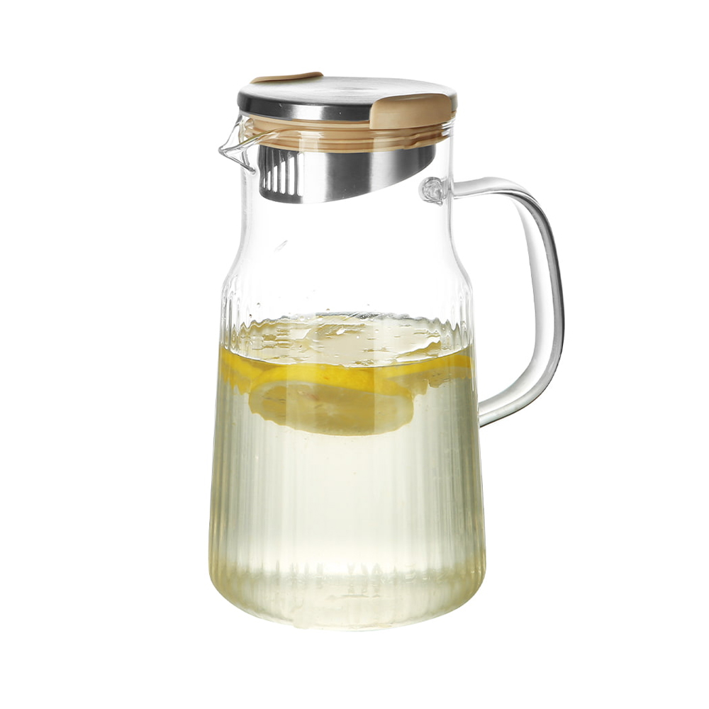 Jarra de agua de vidrio de borosilicato acanalado con tapa de madera y acero inoxidable