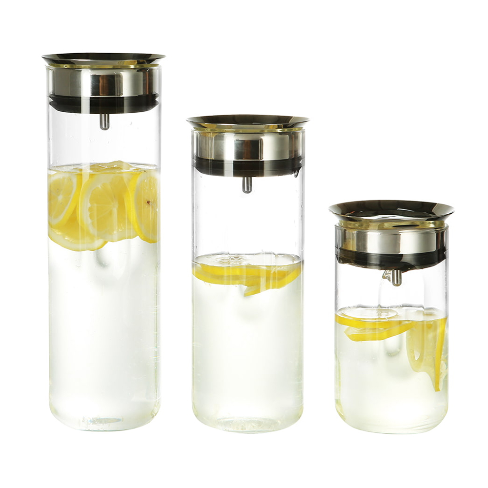 Jarras de agua rectas de vidrio de borosilicato con tapas de acero inoxidable