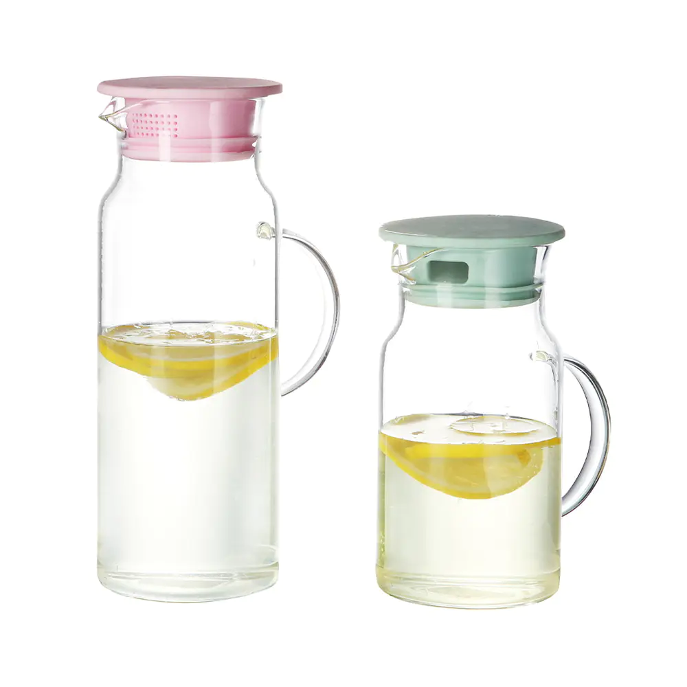 Jarras de agua de vidrio de borosilicato con tapas y asa de colores