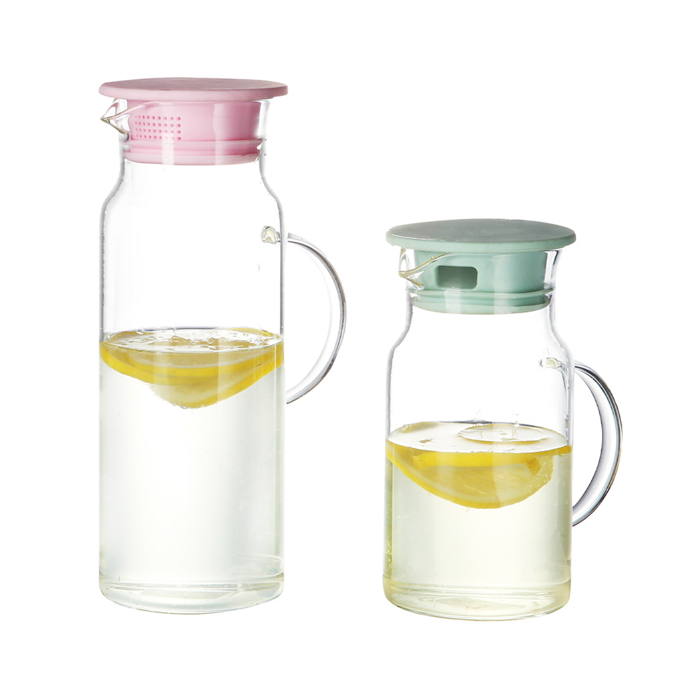 Jarras de agua de vidrio de borosilicato con tapas y asa de colores