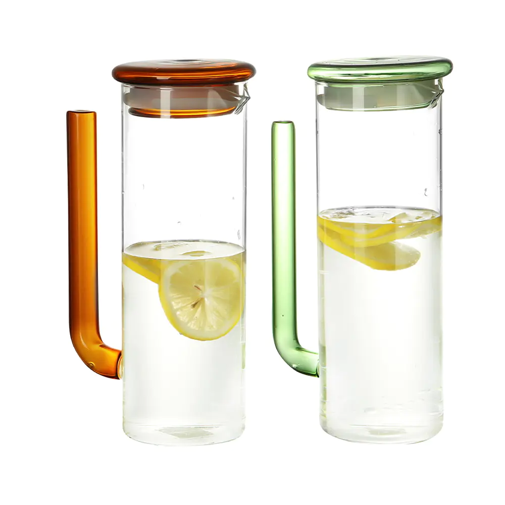 Jarras de agua de vidrio de borosilicato con asas y tapas de vidrio coloreado