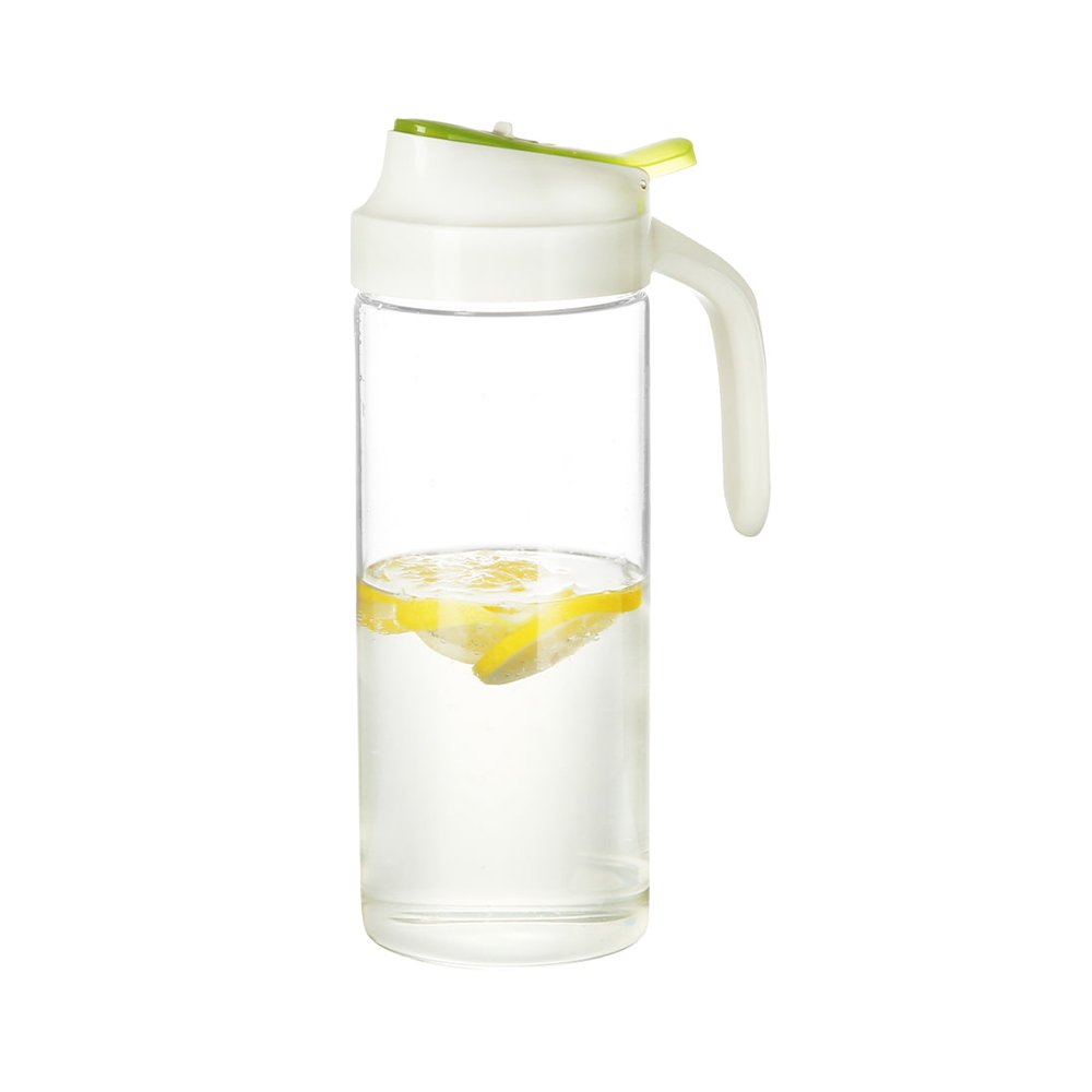 Jarra de agua de vidrio de borosilicato con asa y tapa con pico abatible