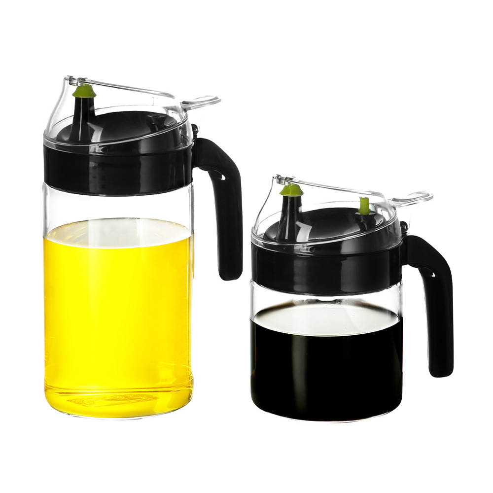 Dispensador de aceite de vidrio con tapa abatible y asa