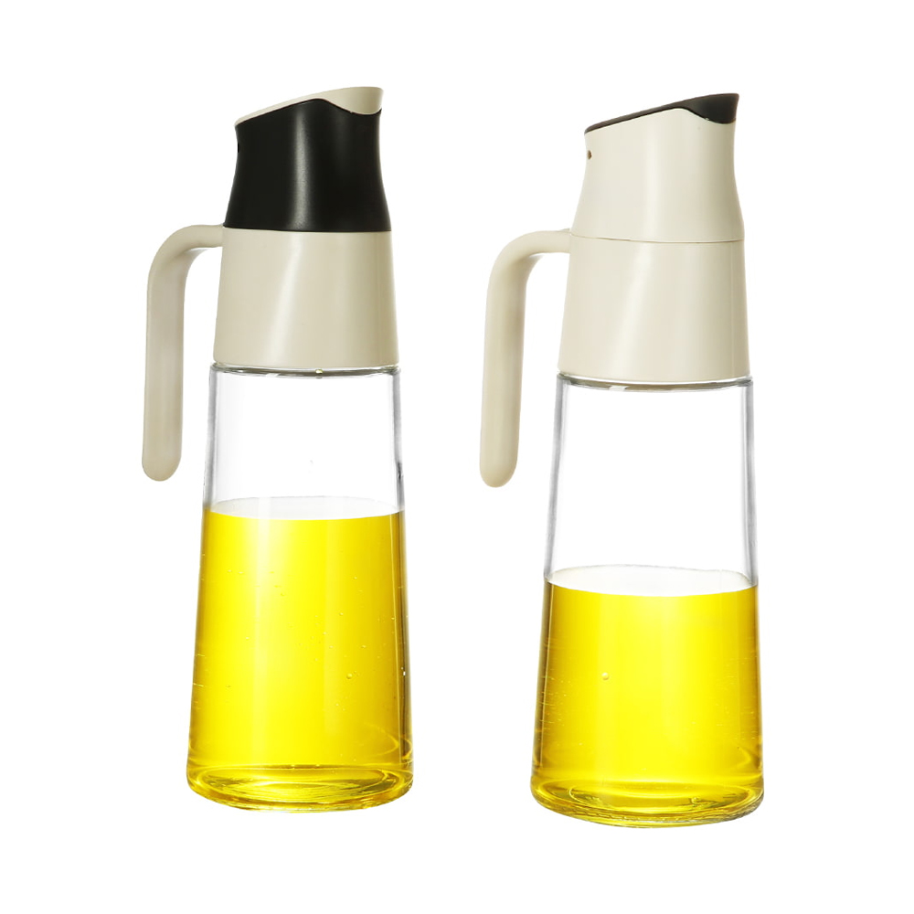 Dispensador de aceite de vidrio con boquilla abatible y asa, tapa color crema