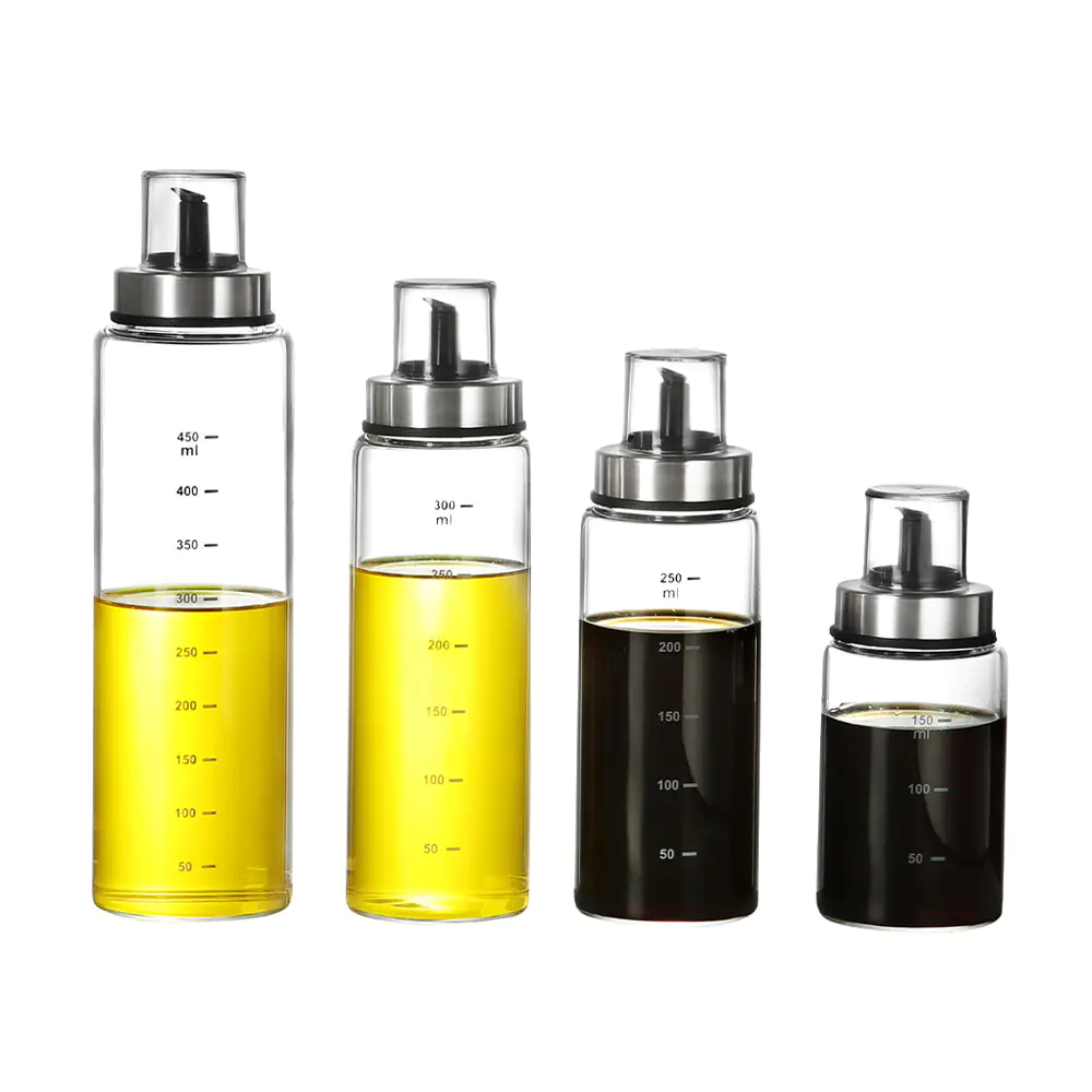 Botellas dispensadoras de aceite de vidrio con escala y anillo de acero inoxidable