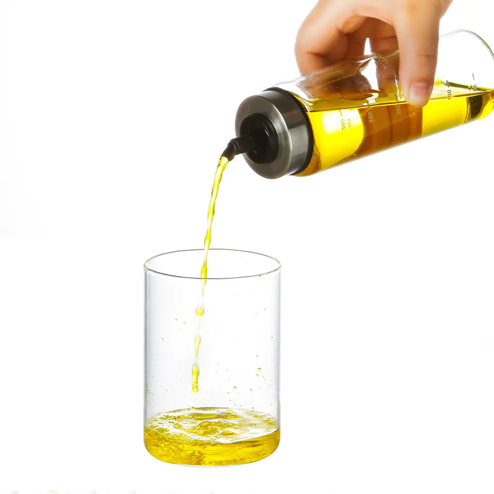 Botellas dispensadoras de aceite de vidrio con escala y anillo de acero inoxidable