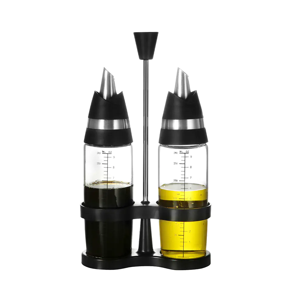 Juego de dispensador de aceite y vinagre de vidrio con soporte y tapones para pico vertedor negros