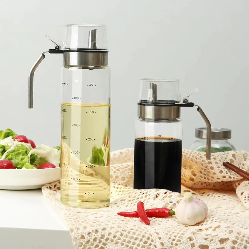 Dispensador de aceite y vinagre de vidrio con báscula y pico de acero inoxidable
