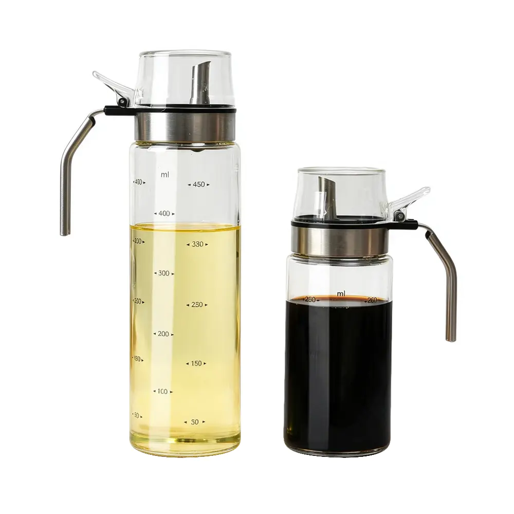 Dispensador de aceite y vinagre de vidrio con báscula y pico de acero inoxidable