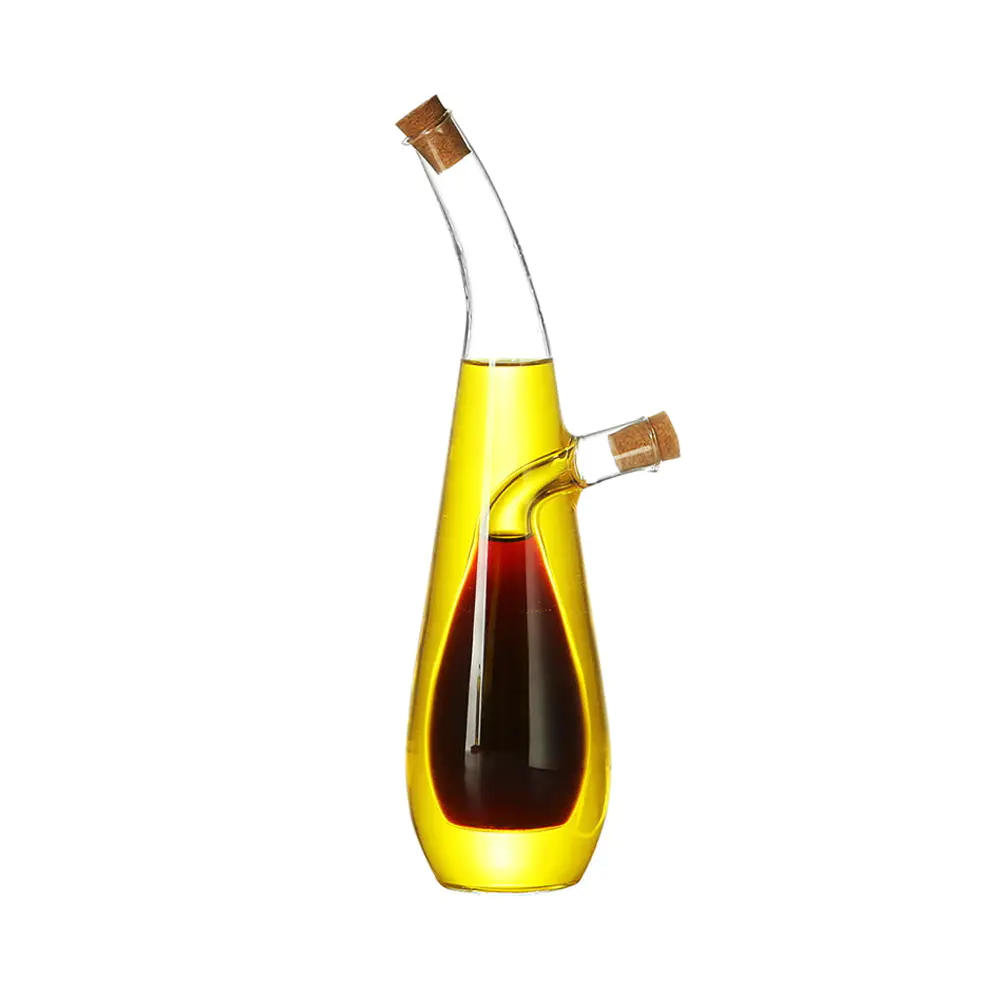 Vinagrera de aceite y vinagre de vidrio de doble cámara 2 en 1 con tapones de corcho