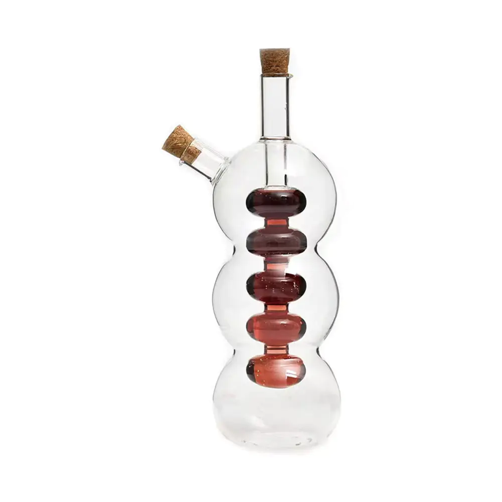 Botella de aceite y vinagre de vidrio de doble cámara con forma de calabaza y tapones de corcho