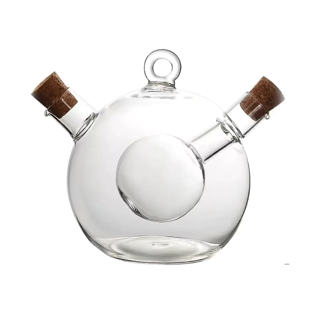 Dispensador de aceite y vinagre de vidrio redondo de doble cámara con tapones de corcho