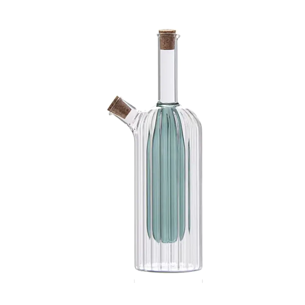 Botella de aceite y vinagre de vidrio de doble cámara acanalada con tapones de corcho