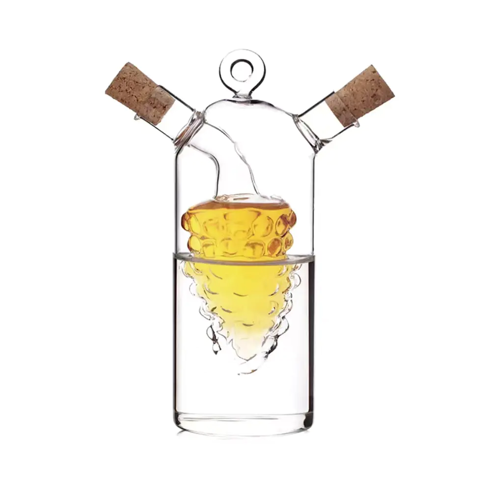 Botella cilíndrica de aceite y vinagre de vidrio de doble cámara con diseño interior de uva